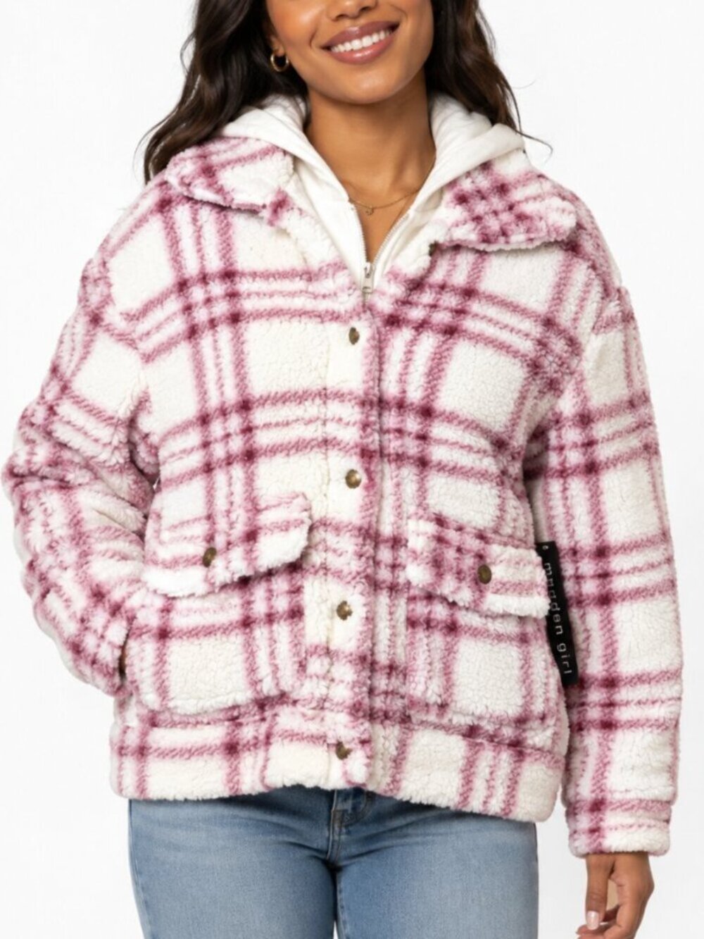 Madden Girl Pink Plaid Plaid Sherpa Zipper Button Teddy Hoodie Jacket